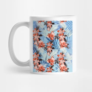 Palm Leaves And Flowers, Red Blue Mug
